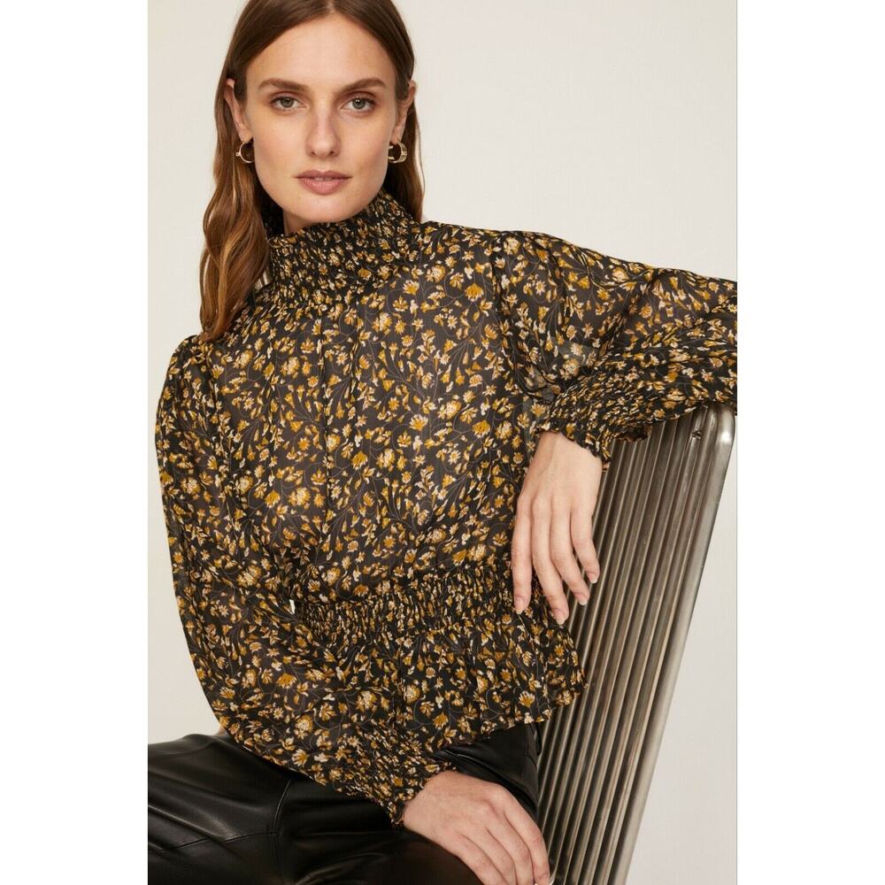 NWT MINKPINK Revolve Mira Shirred High Collar Sheer Blouse, Black/Brown L $119